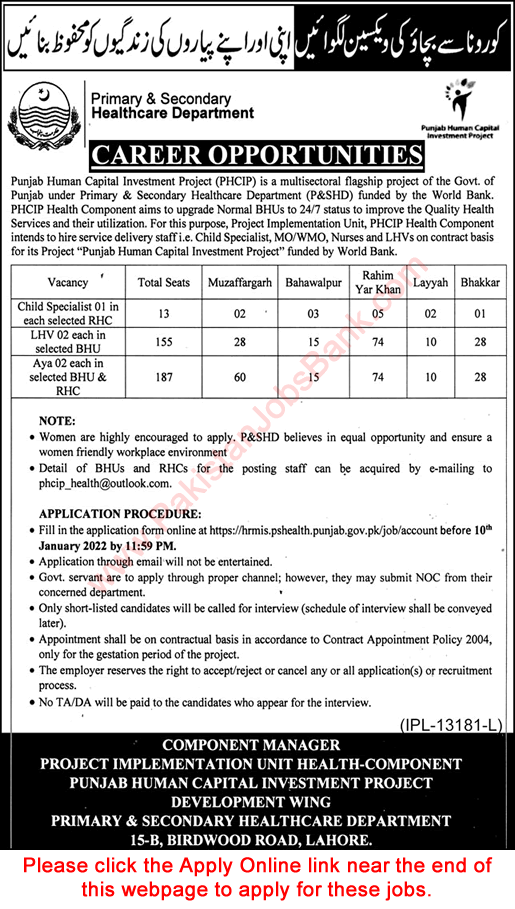 Primary and Secondary Healthcare Department Punjab Jobs December 2021 Apply Online Latest