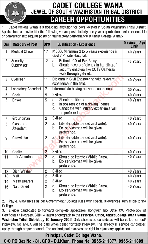 Cadet College Wana Jobs 2021 December Lab Attendants, Naib Qasid & Others Latest