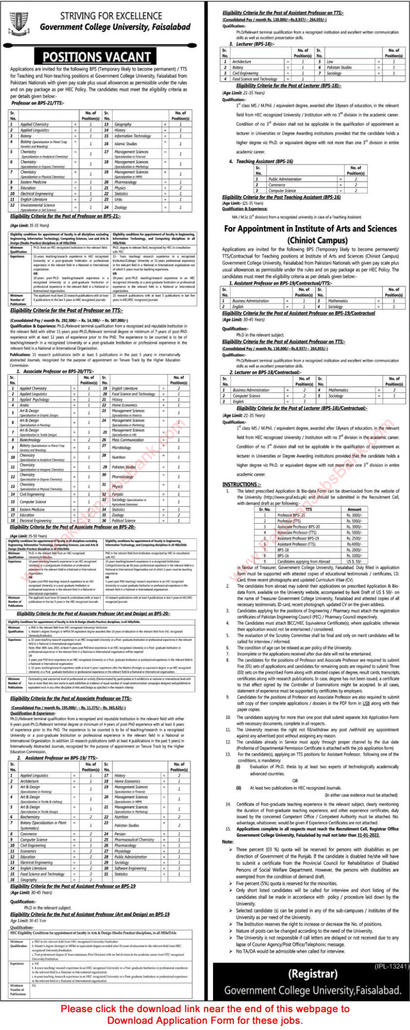 Teaching Faculty Jobs in GC University Faisalabad December 2021 GCUF Application Form Government College University Latest
