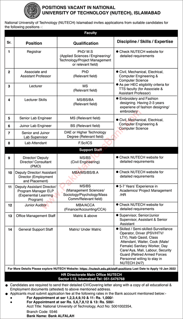 NUTECH University Islamabad Jobs December 2021 National University of Technology Latest