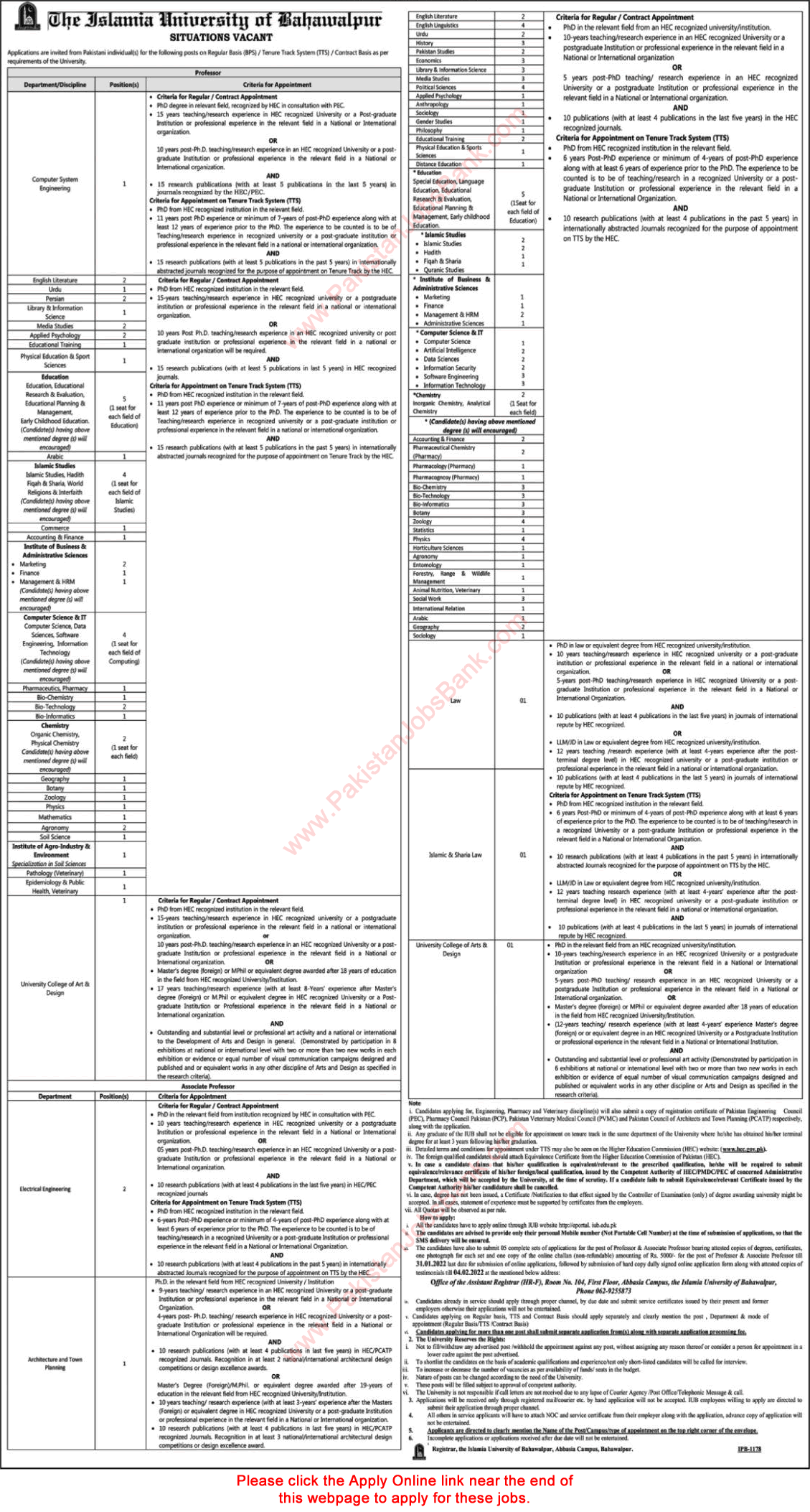 Associate / Professor Jobs in Islamia University Bahawalpur December 2021 / 2022 IUB Apply Online Latest