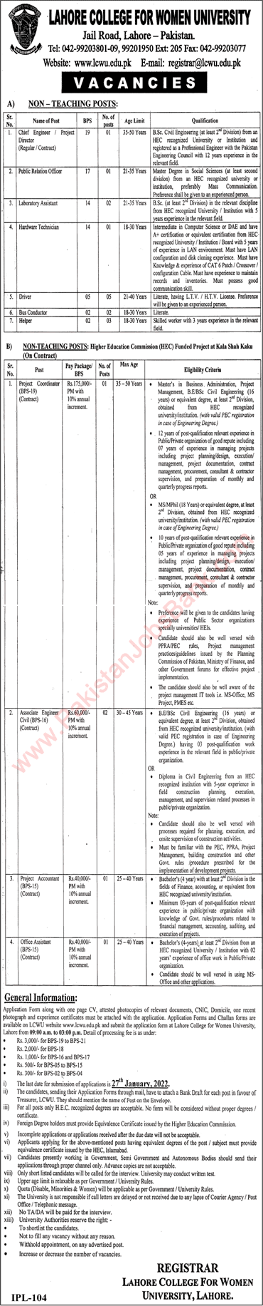 Lahore College for Women University Jobs 2022 LCWU Lab Assistants, Drivers & Others Latest