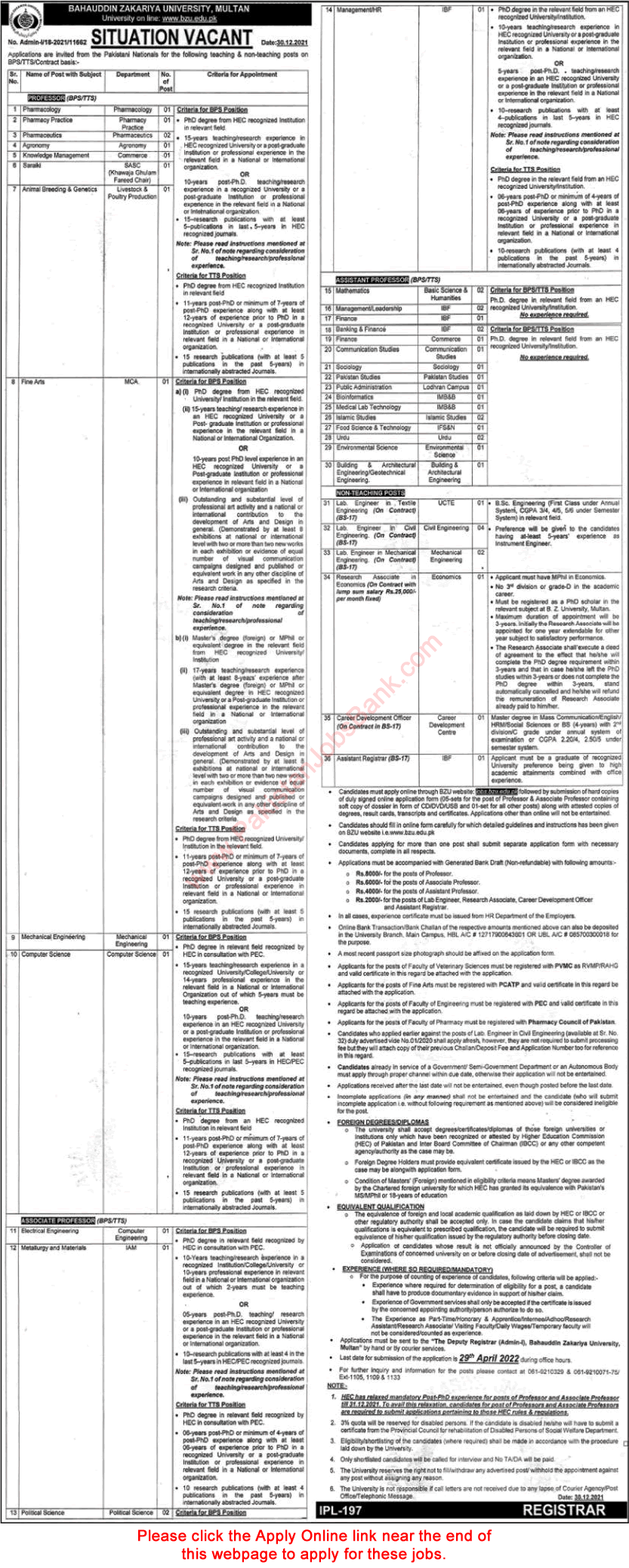 Bahauddin Zakariya University Multan Jobs 2022 Apply Online Teaching Faculty & Others Latest