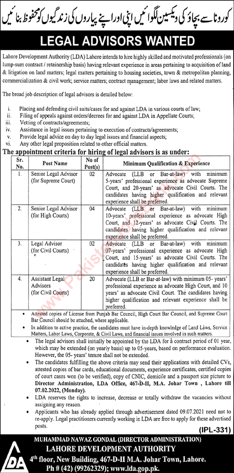 Legal Advisor Jobs in Lahore Development Authority 2022 LDA Latest