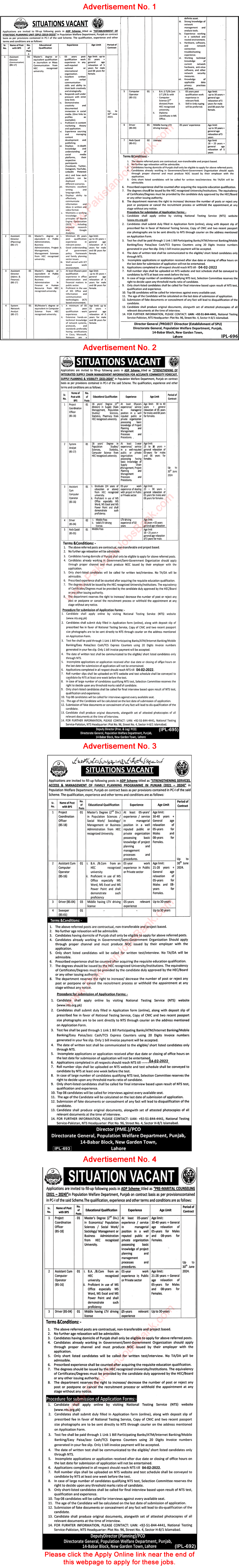 Population Welfare Department Punjab Jobs 2022 NTS Apply Online Drivers, Computer Operators & Others Latest