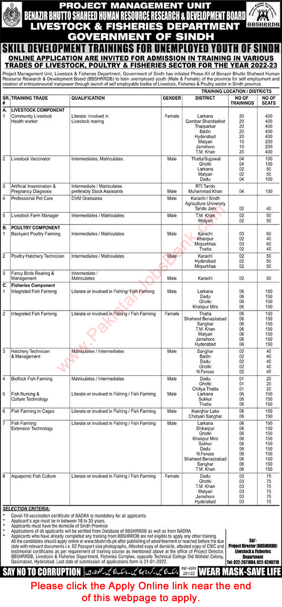 BBSHRRDB Free Courses 2022 Apply Online BBSYDP Livestock and Fisheries Department Sindh Latest