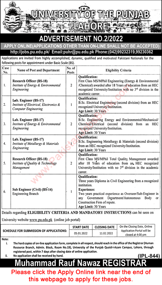 Punjab University Lahore Jobs 2022 Apply Online Research Officers, Lab Engineers & Others Latest