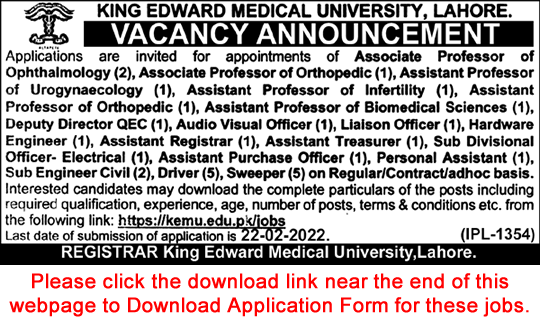 King Edward Medical University Lahore Jobs 2022 February Application Form Teaching Faculty & Others Latest