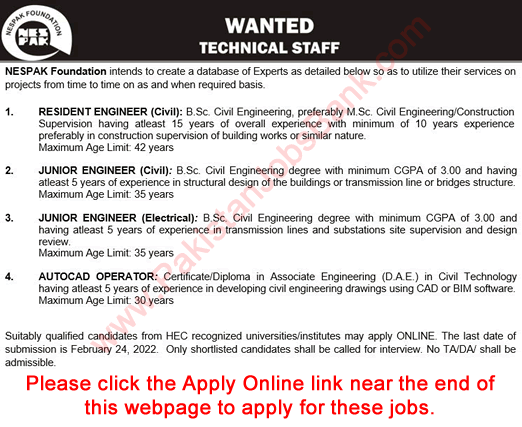 NESPAK Foundation Jobs February 2022 Apply Online National Engineering Services Pakistan Latest