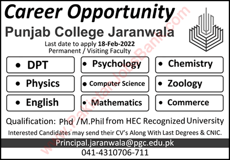 Teaching Faculty Jobs in Punjab College Jaranwala 2022 February Latest