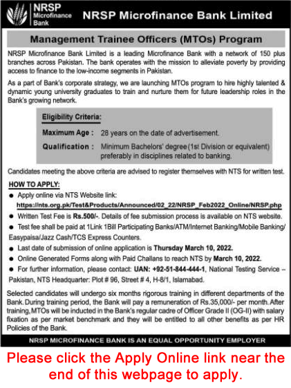 Management Trainee Officer Jobs in NRSP Microfinance Bank 2022 February NTS Apply Online MTO Latest