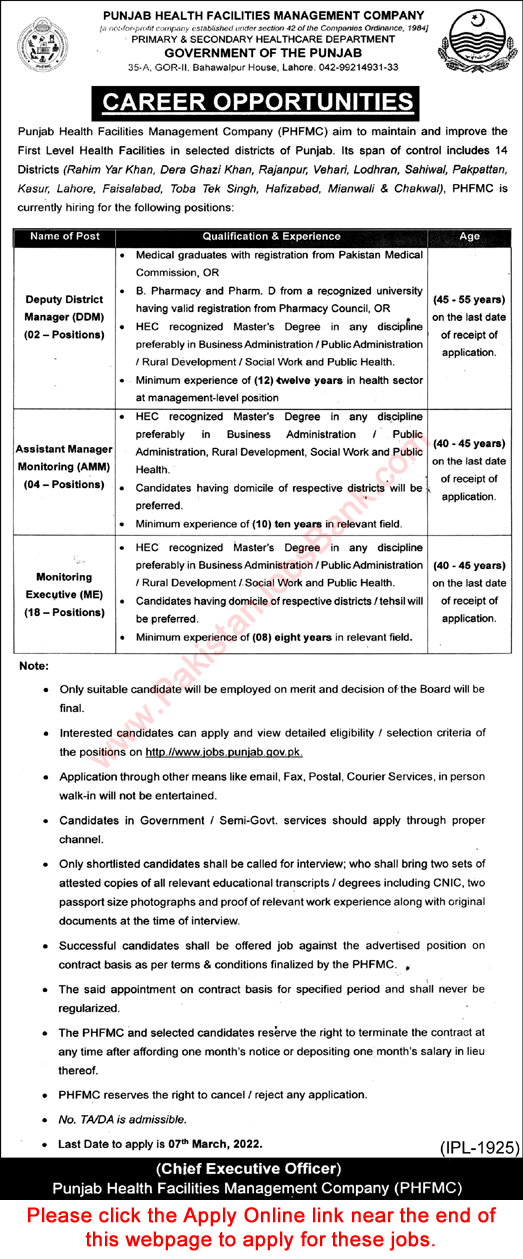 Punjab Health Facilities Management Company Jobs 2022 February PHFMC Apply Online Monitoring Executives & Others Latest