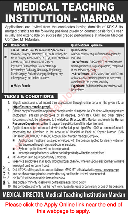 Trainee Registrar Jobs in Medical Teaching Institution Mardan March 2022 Apply Online MTI Latest