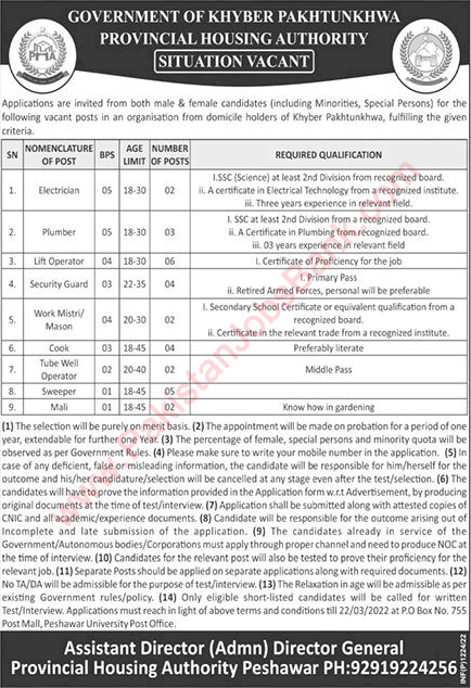 Provincial Housing Authority KPK Jobs 2022 March Lift Operators, Sweepers & Others Latest
