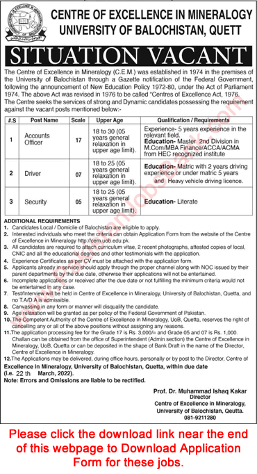 Centre of Excellence in Mineralogy Quetta Jobs 2022 March Application Form University of Balochistan Latest