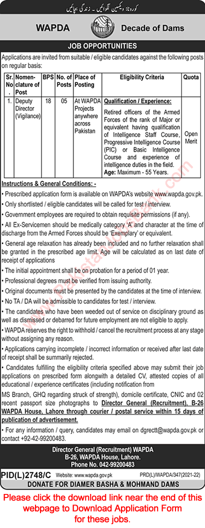 Deputy Director Jobs in WAPDA 2022 March Application Form Download Latest