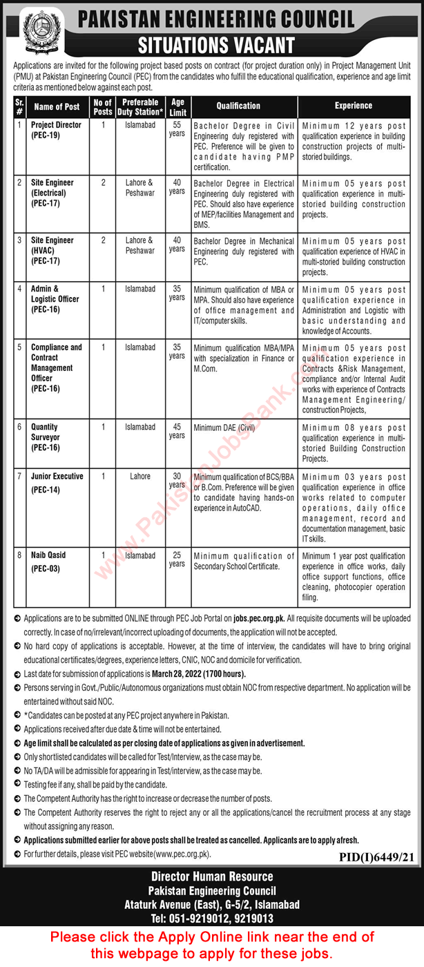 PEC Jobs March 2022 Apply Online Pakistan Engineering Council Latest