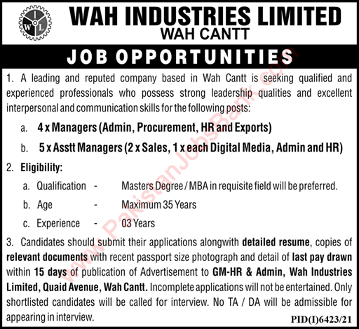 Wah Industries Limited Jobs 2022 March Assistant / Managers Latest