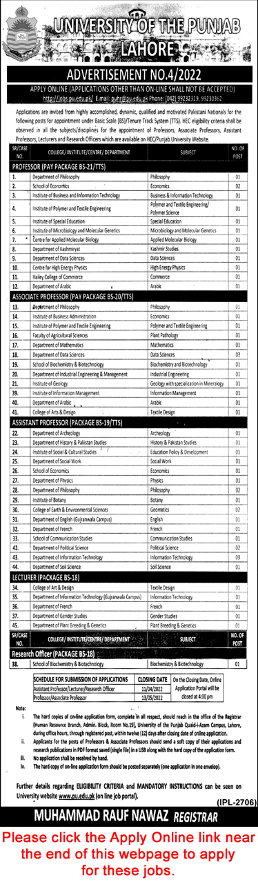 University of Punjab Lahore Jobs March 2022 Apply Online Teaching Faculty & Research Officers Latest