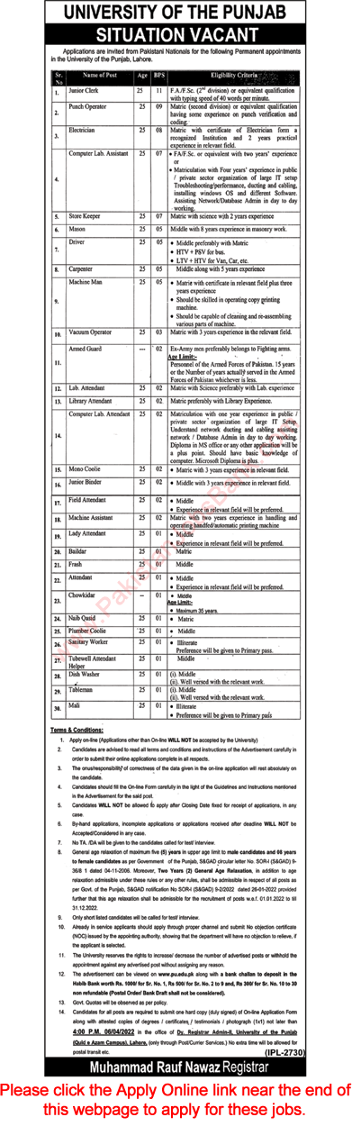 Punjab University Lahore Jobs March 2022 Apply Online Clerks, Lab Attendants & Others Latest