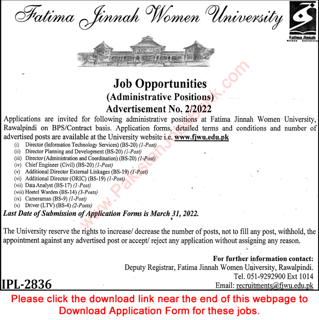 Fatima Jinnah Women University Rawalpindi Jobs 2022 March FJWU Online Apply Latest