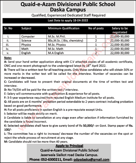 Teaching Jobs in Quaid e Azam Divisional Public School Daska Campus 2022 March Latest