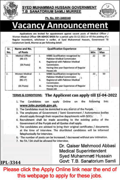 Women Medical Officer Jobs in Syed Muhammad Hussain Govt TB Sanatorium Samli Murree 2022 March Apply Online Latest