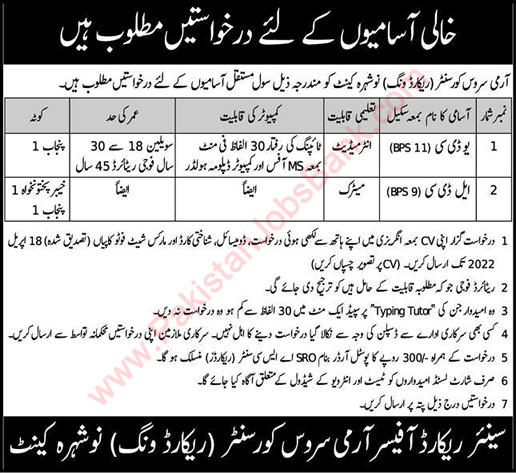 Clerk Jobs in Army Service Corps Center Nowshera 2022 April ASC Record Wing Latest