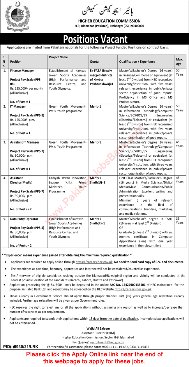 HEC Jobs April 2022 Apply Online Higher Education Commission Latest