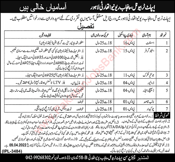 Appellate Tribunal Punjab Revenue Authority Lahore Jobs April 2022 Clerks, Assistant, Driver & Others Latest
