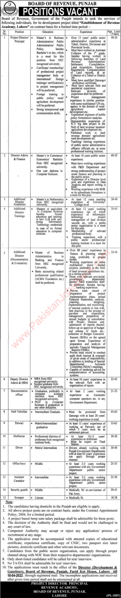 Board of Revenue Punjab Lahore Jobs April 2022 Additional Directors, Office Boys & Others Latest