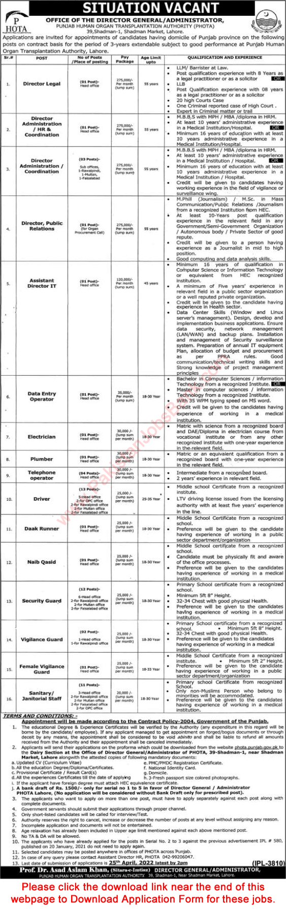 Punjab Human Organ Transplantation Authority Jobs 2022 April PHOTA Application Form Latest