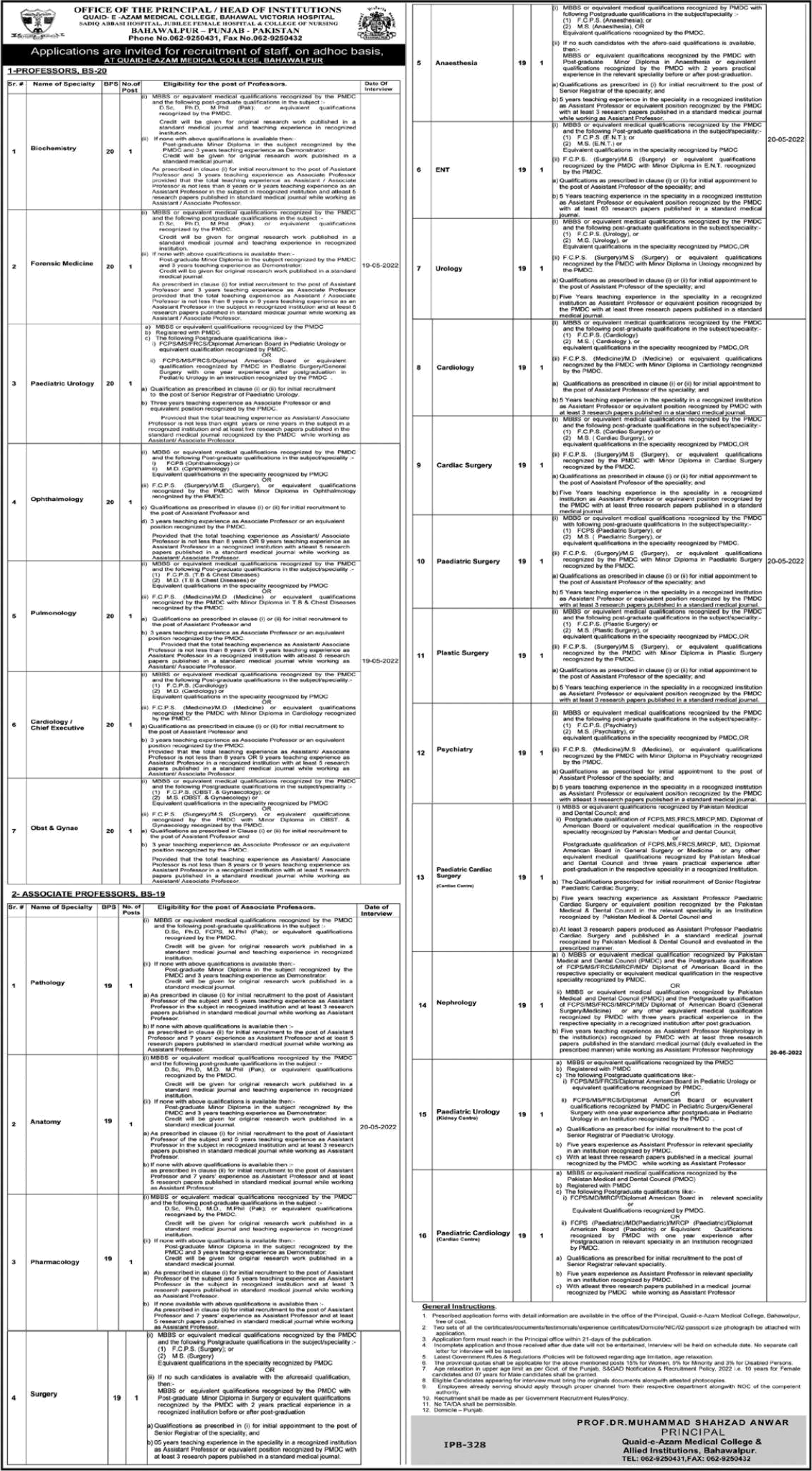 Quaid e Azam Medical College Bahawalpur Jobs 2022 April Teaching Faculty Latest