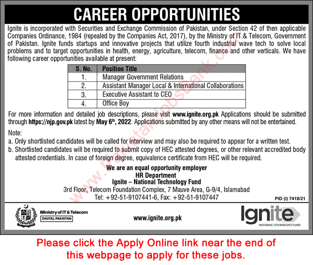 Ministry of IT and Telecom Jobs 2022 April Apply Online Executive Assistant & Others Ignite Latest