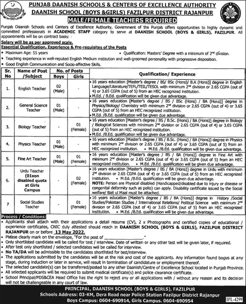 Danish School Fazilpur Jobs 2022 April Teachers Center of Excellence Authority PDS&CEA Latest