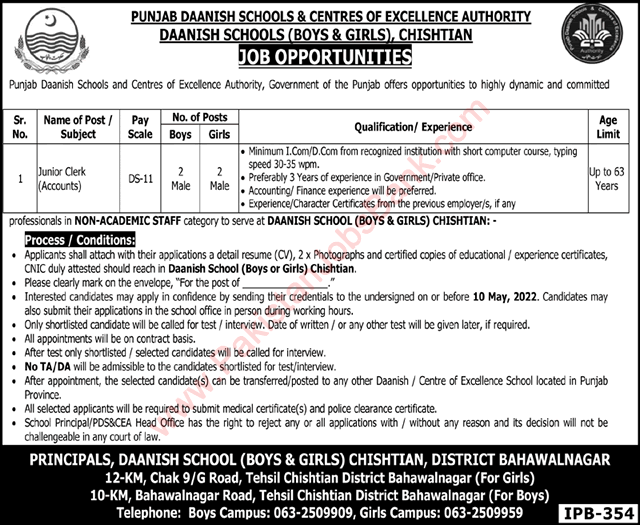 Accounts Clerk Jobs in Danish Schools Chishtian 2022 April Punjab Daanish Schools and Centres of Excellence Authority Latest
