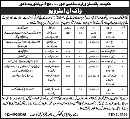 Ministry of Religious Affairs Jobs April 2022 Directorate of Hajj Lahore / Faisalabad / Sialkot Walk In Interview Latest