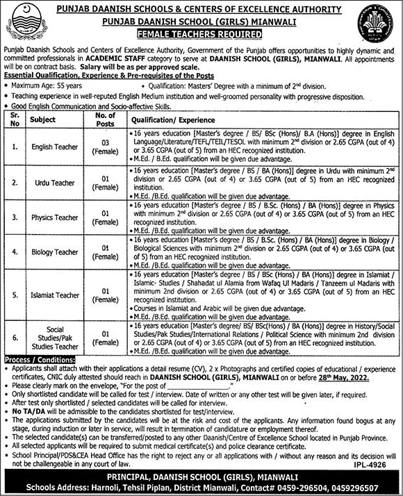 Daanish School Mianwali Jobs May 2022 Teachers Center of Excellence Authority PDS&CEA Latest