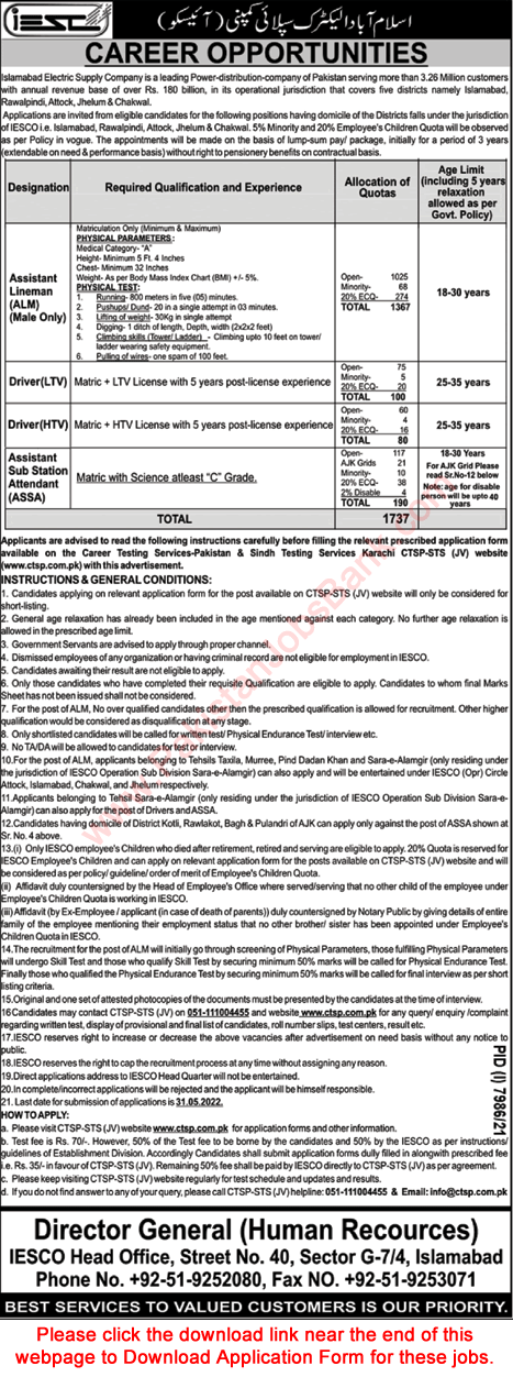 IESCO Jobs May 2022 CTSP Application Form WAPDA Assistant Lineman, Sub Station Attendants & Others Latest