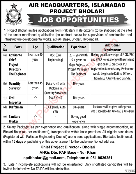 PAF Base Bholari Hyderabad Jobs May 2022 Civil Inspector, Draftsman & Others Air Headquarters Latest