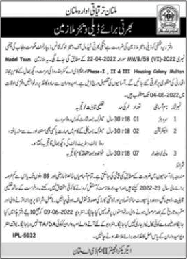 Multan Development Authority Jobs 2022 May Mali / Baildar, Electrician & Surveyor MDA Latest