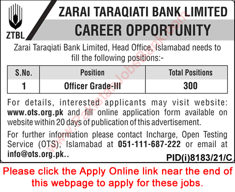 Officer Grade-III Jobs in ZTBL May 2022 OTS Apply Online Zarai Taraqiati Bank Limited OG-III Latest