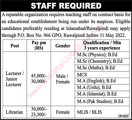 PO Box 966 GPO Rawalpindi Jobs 2022 May Lecturers & Librarian Latest