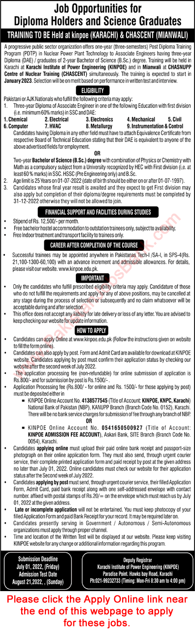 KINPOE & CHASCENT PDTP 2022 DAE Diploma Holders & Science Graduates Jobs in PAEC Online Apply Latest