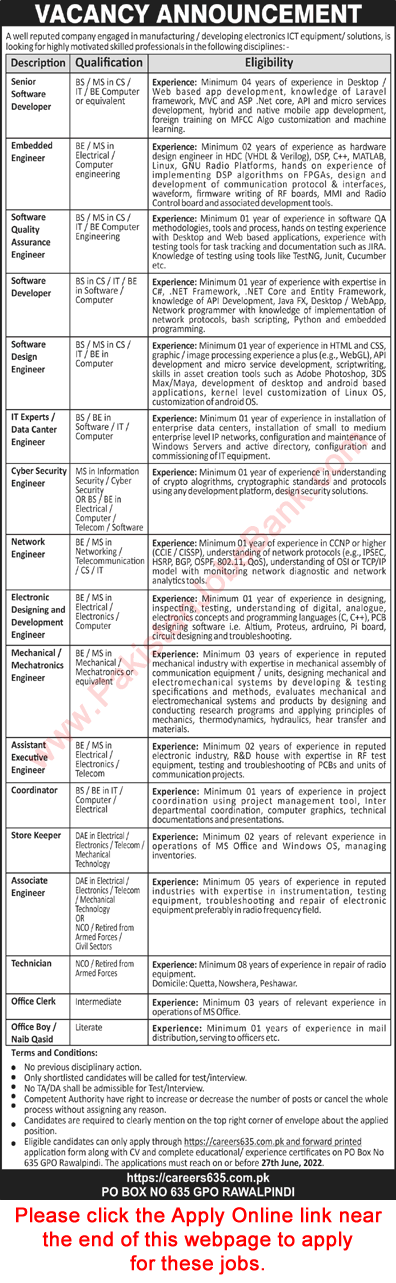 PO Box 635 GPO Rawalpindi Jobs June 2022 Apply Online Software Engineers & Others Latest