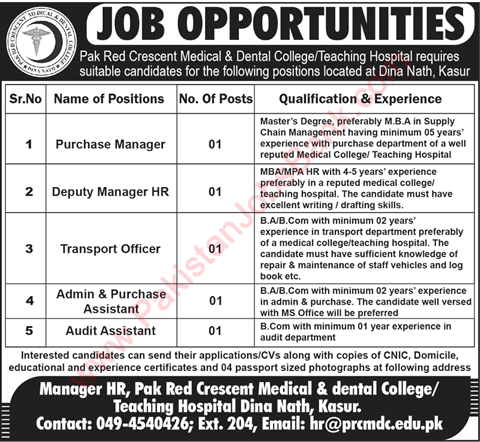 Pak Red Crescent Medical and Dental College Dina Nath Jobs 2022 June Kasur Teaching Hospital Latest