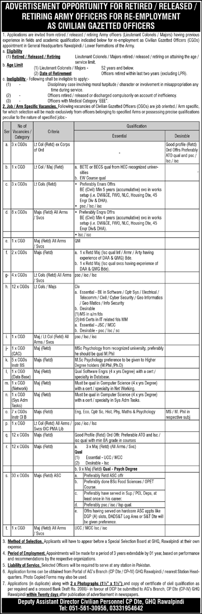 Jobs for Retired Army Officers in Pakistan Army June 2022 Re-Employment as Civilian Gazetted Officers Latest