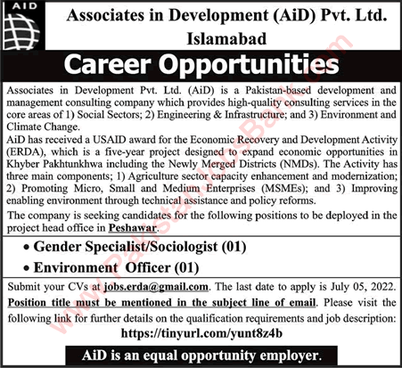 Associates in Development Pvt Ltd Peshawar Jobs 2022 June Gender Specialist & Environment Officer Latest