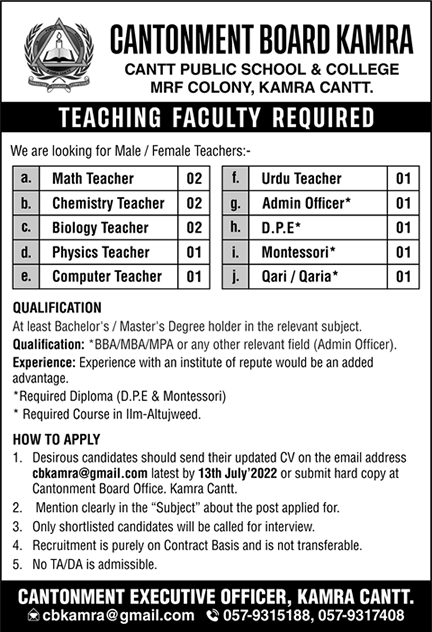 Teaching Faculty Jobs in Cantonment Board Kamra 2022 June / July Latest