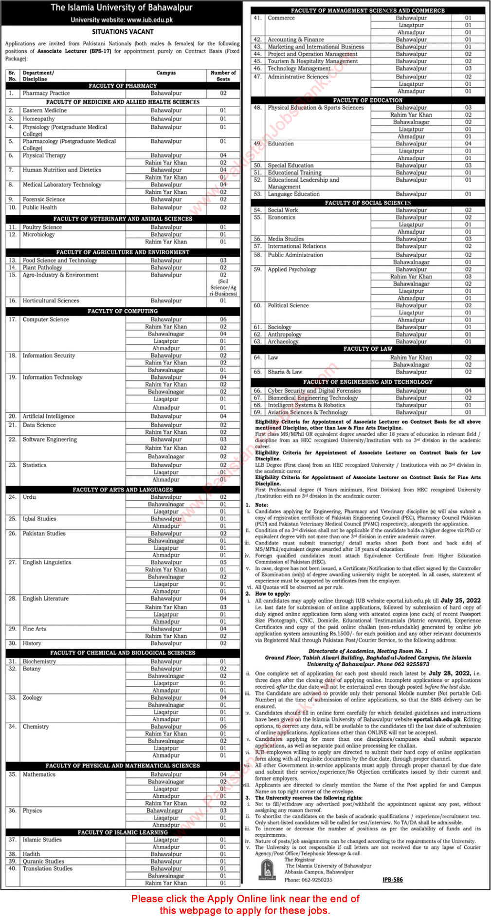 Associate Lecturer Jobs in Islamia University of Bahawalpur July 2022 IUB Online Apply Latest